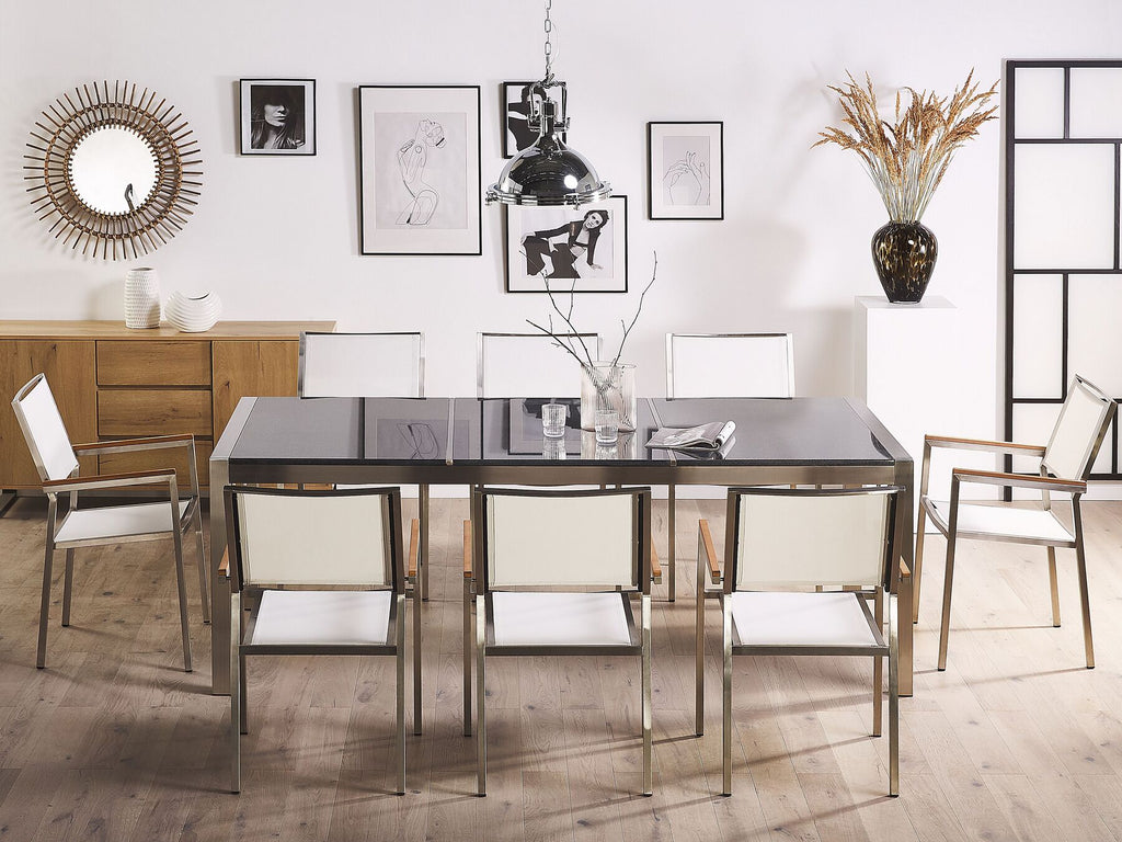 Garden Dining Set 8 Seater GROSSETO Triple Plate Granite Polished Grey/ White