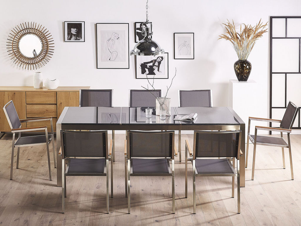 Garden Dining Set 8 Seater GROSSETO Triple Plate Granite Polished Grey