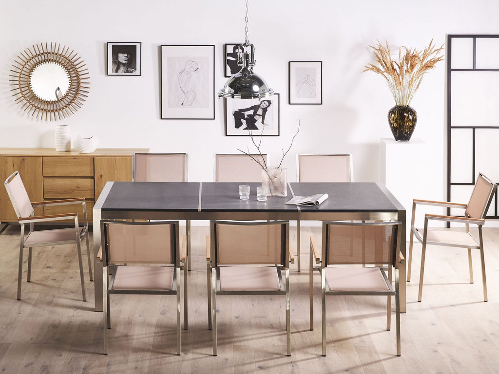 Garden Dining Set 8 Seater GROSSETO Triple Plate Granite Flamed Black/ Beige