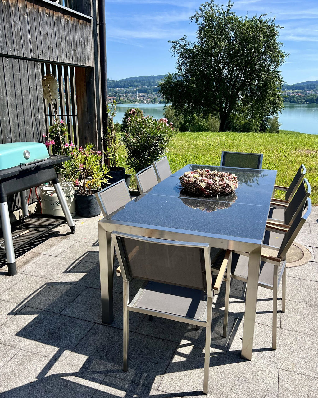 Garden Dining Set 8 Seater GROSSETO Triple Plate Granite Polished Black/ Grey